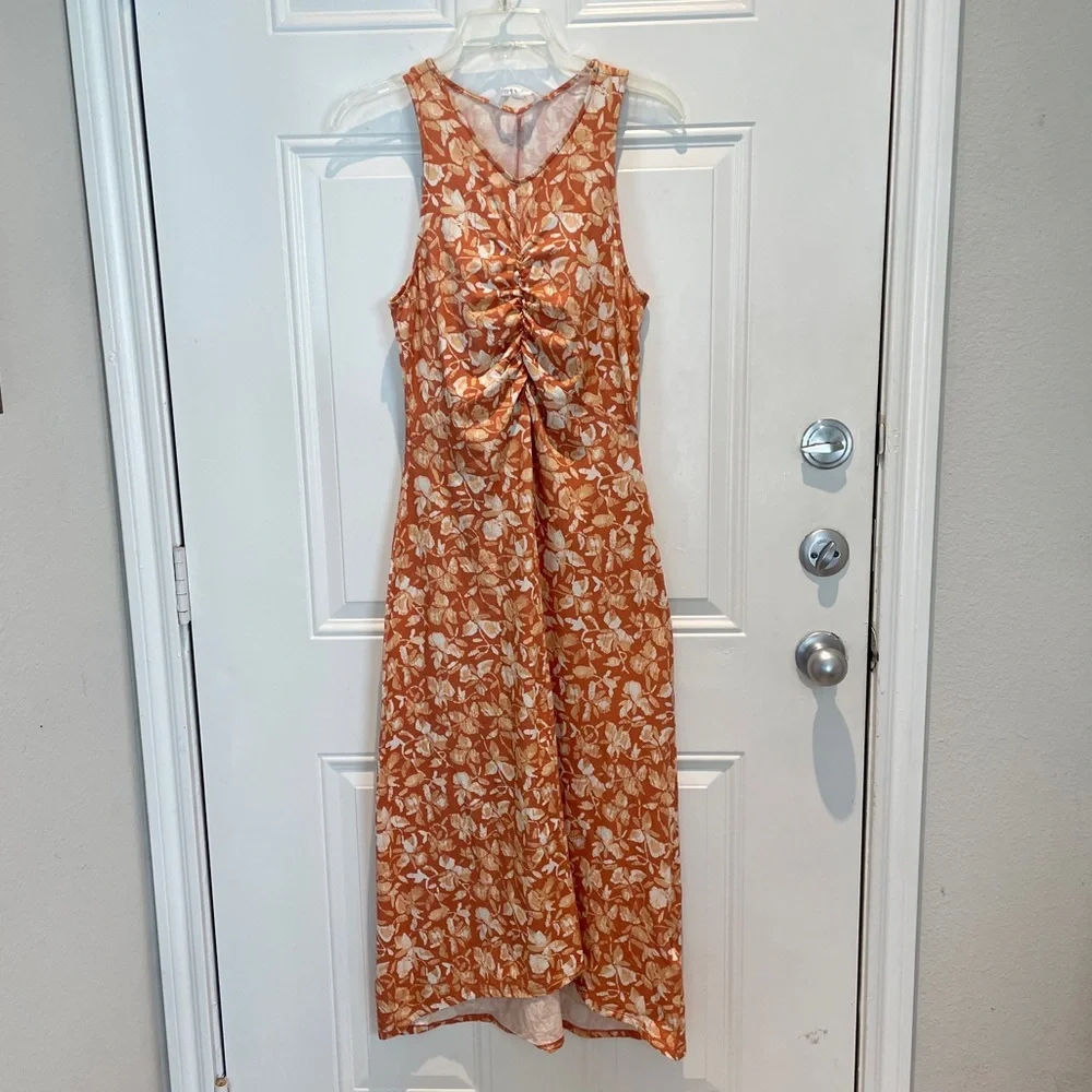 Soft Joie Orange Floral Empire Waist Fitted Bodycon Sleeveless Maxi Dress Medium